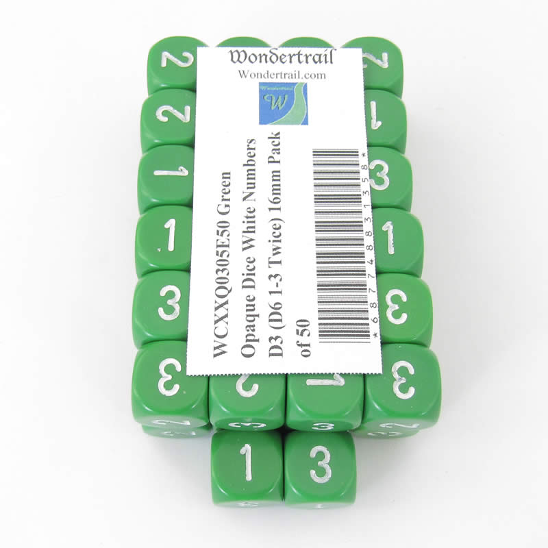 WCXXQ0305E50 Green Opaque Dice White Numbers D3 (D6 1-3 Twice) 16mm Pack of 50 Main Image