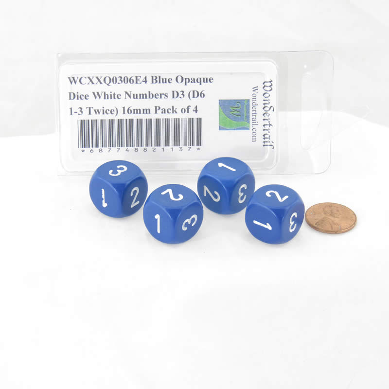 WCXXQ0306E4 Blue Opaque Dice White Numbers D3 (D6 1-3 Twice) 16mm Pack of 4 2nd Image