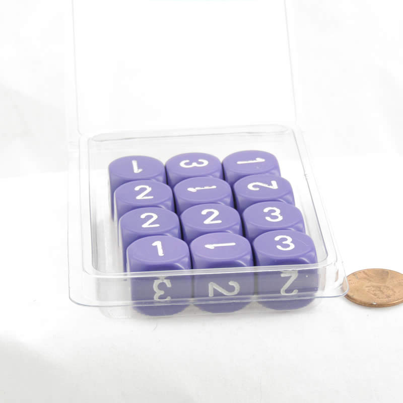 WCXXQ0307E12 Purple Opaque Dice White Numbers D3 (D6 1-3 Twice) 16mm Pack of 12 Main Image
