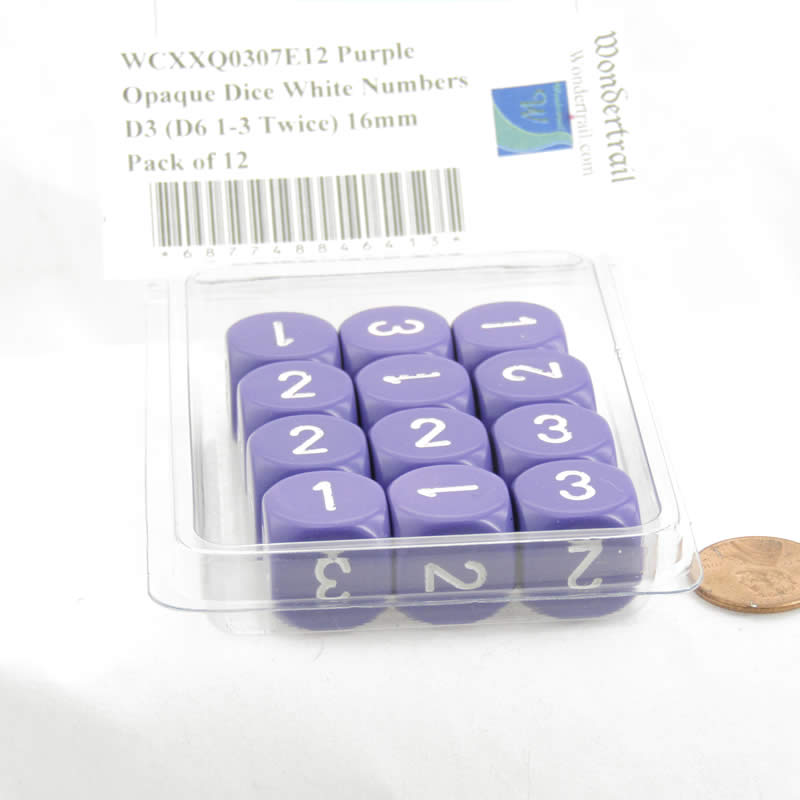 WCXXQ0307E12 Purple Opaque Dice White Numbers D3 (D6 1-3 Twice) 16mm Pack of 12 2nd Image