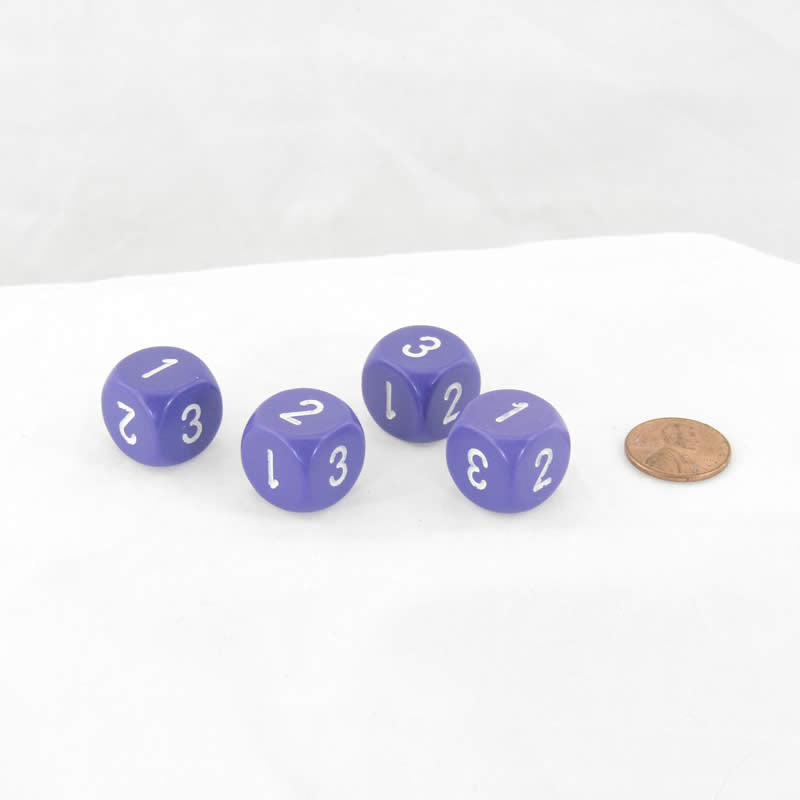 WCXXQ0307E4 Purple Opaque Dice White Numbers D3 (D6 1-3 Twice) 16mm Pack of 4 Main Image