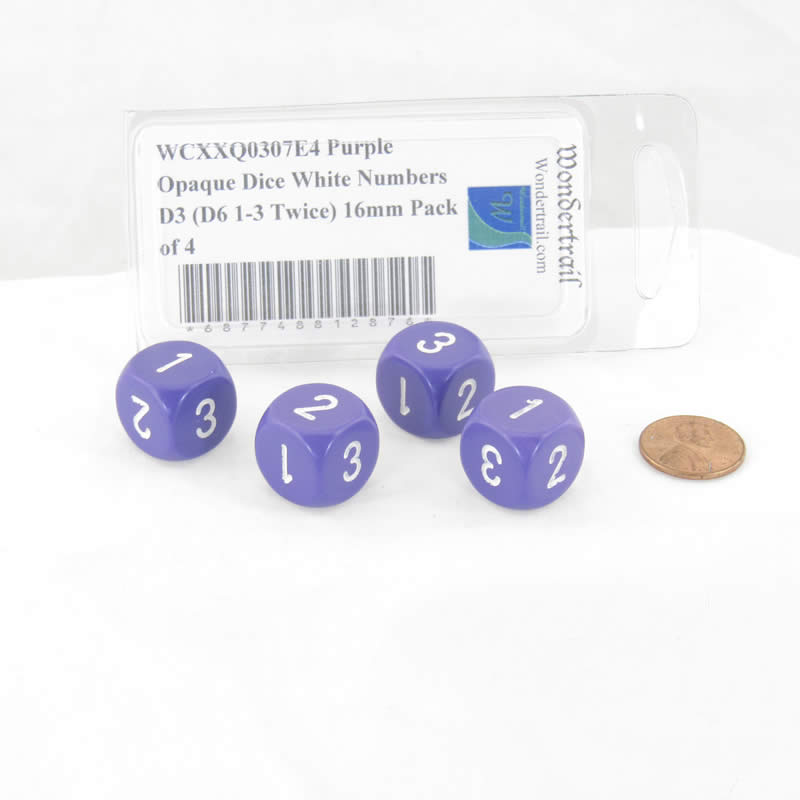 WCXXQ0307E4 Purple Opaque Dice White Numbers D3 (D6 1-3 Twice) 16mm Pack of 4 2nd Image