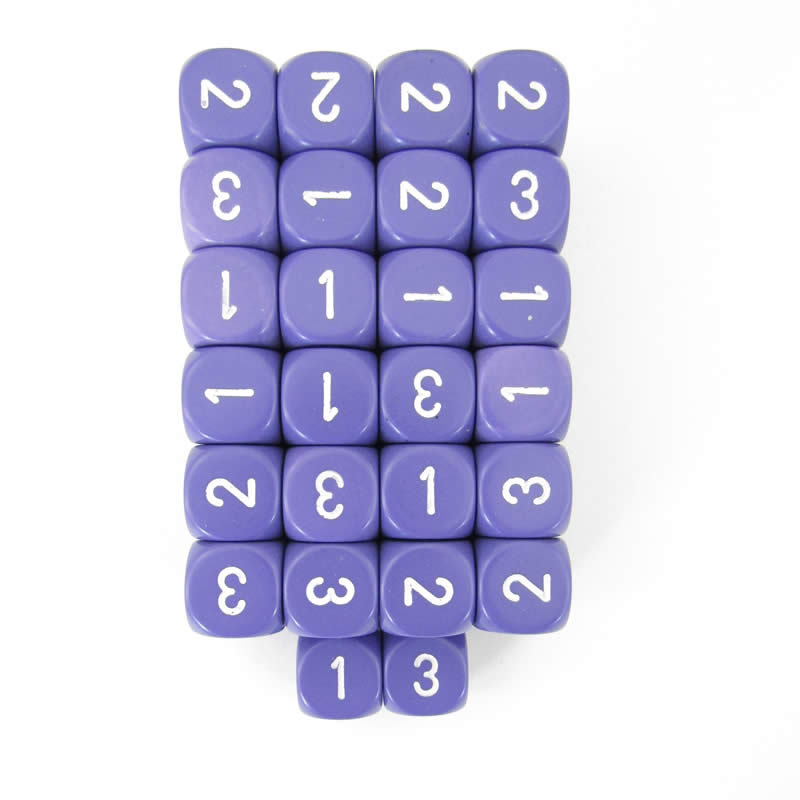 WCXXQ0307E50 Purple Opaque Dice White Numbers D3 (D6 1-3 Twice) 16mm Pack of 50 Main Image