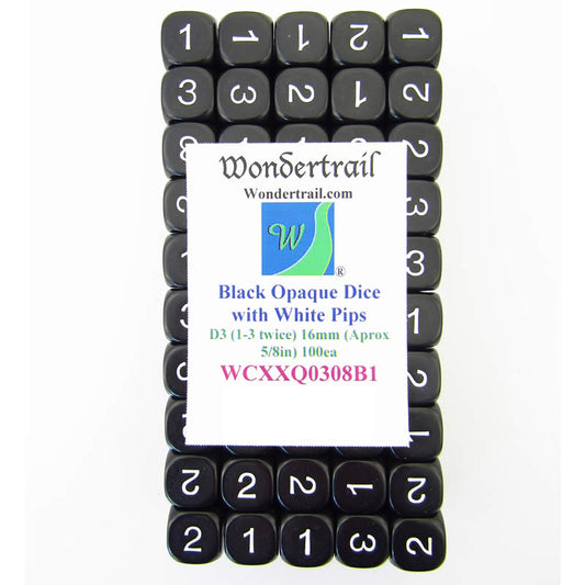 WCXXQ0308B1 Black Opaque Dice White Numbers D3 (D6 1-3 Twice) 16mm Pack of 100 Main Image