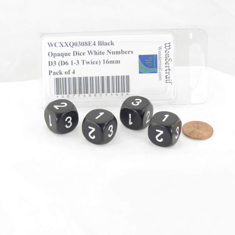 WCXXQ0308E4 Black Opaque Dice White Numbers D3 (D6 1-3 Twice) 16mm Pack of 4 2nd Image