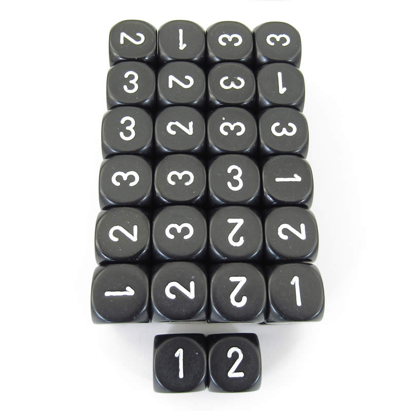 WCXXQ0308E50 Black Opaque Dice White Numbers D3 (D6 1-3 Twice) 16mm Pack of 50 Main Image