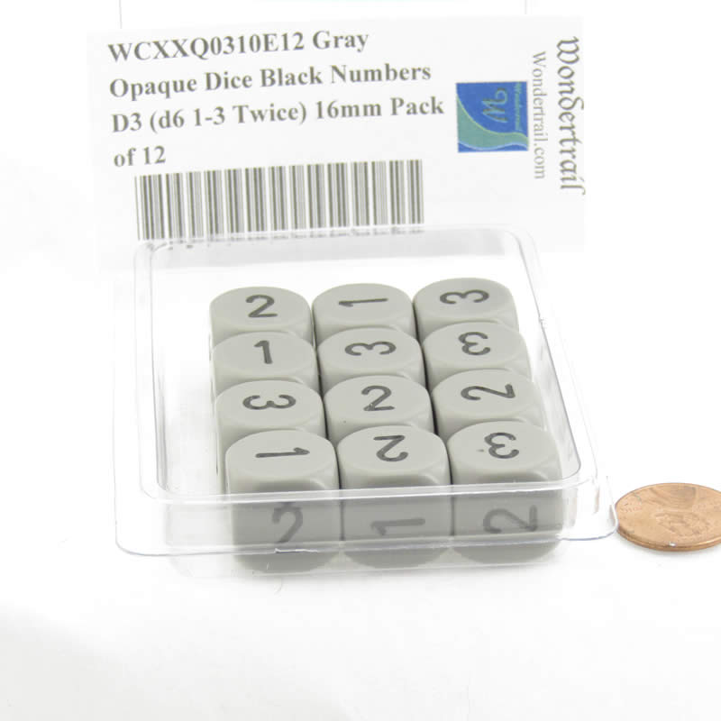 WCXXQ0310E12 Gray Opaque Dice Black Numbers D3 (d6 1-3 Twice) 16mm Pack of 12 2nd Image