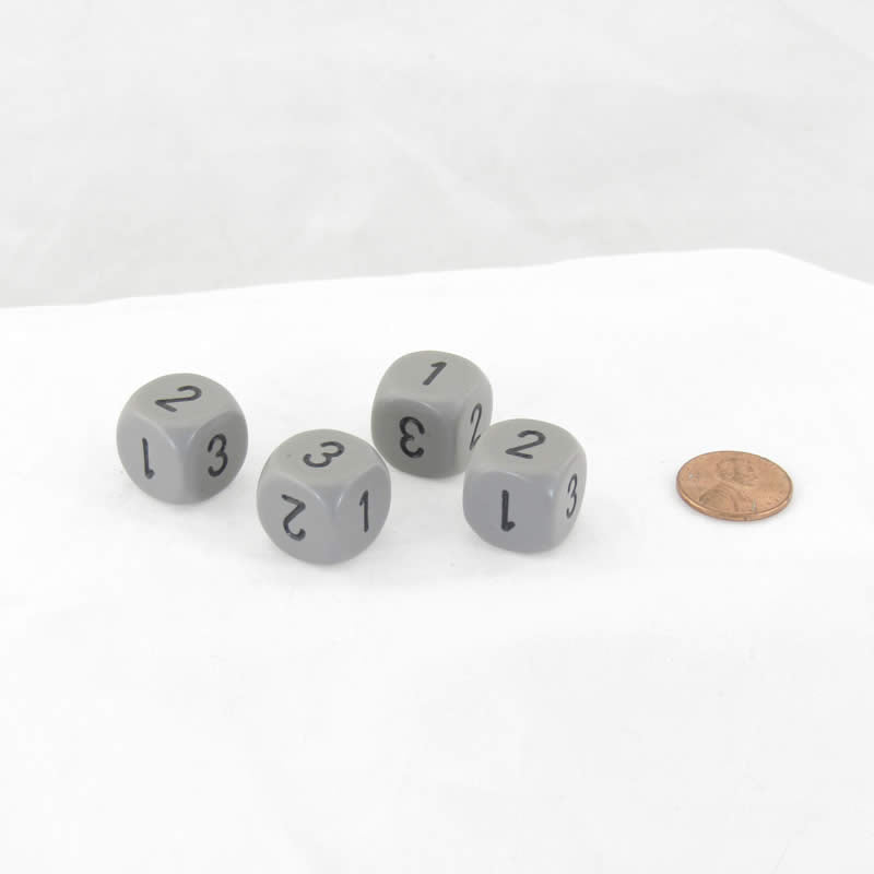 WCXXQ0310E4 Gray Opaque Dice Black Numbers D3 (d6 1-3 Twice) 16mm Pack of 4 Main Image