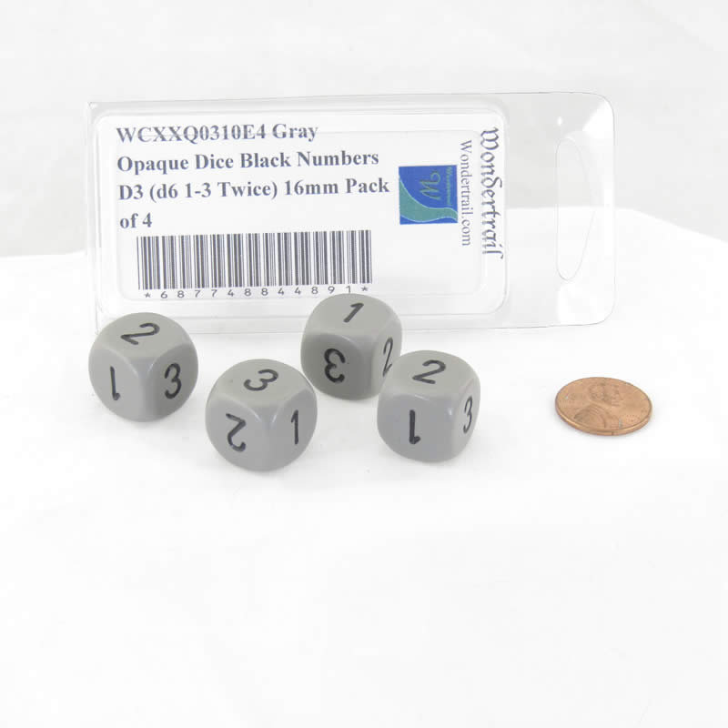 WCXXQ0310E4 Gray Opaque Dice Black Numbers D3 (d6 1-3 Twice) 16mm Pack of 4 2nd Image