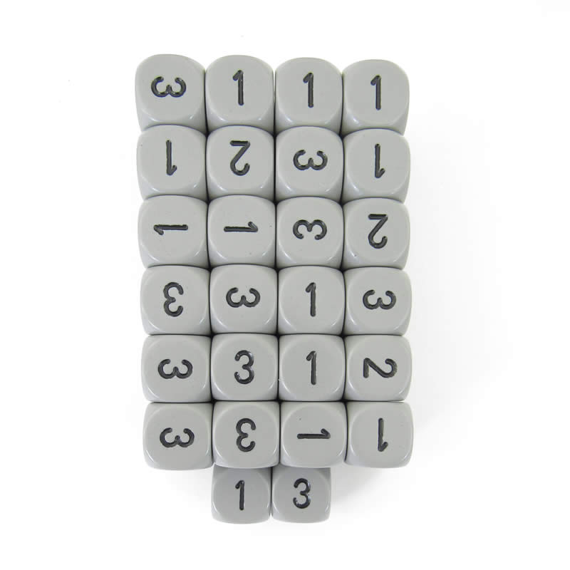 WCXXQ0310E50 Gray Opaque Dice Black Numbers D3 (d6 1-3 Twice) 16mm Pack of 50 Main Image