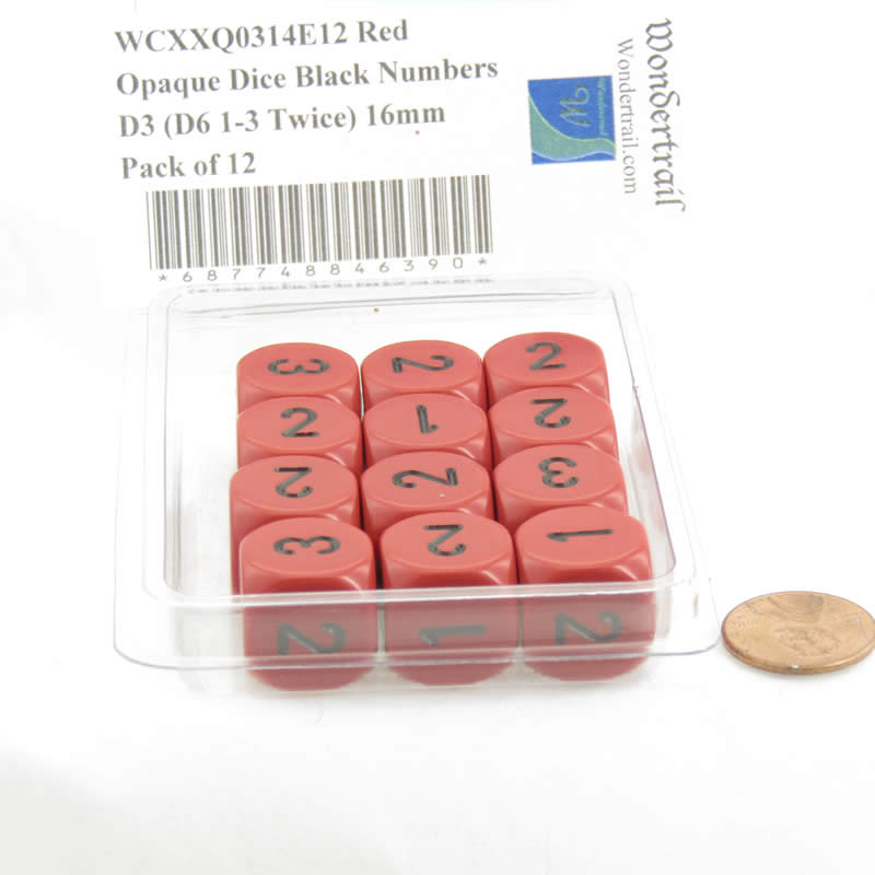 WCXXQ0314E12 Red Opaque Dice Black Numbers D3 (D6 1-3 Twice) 16mm Pack of 12 2nd Image