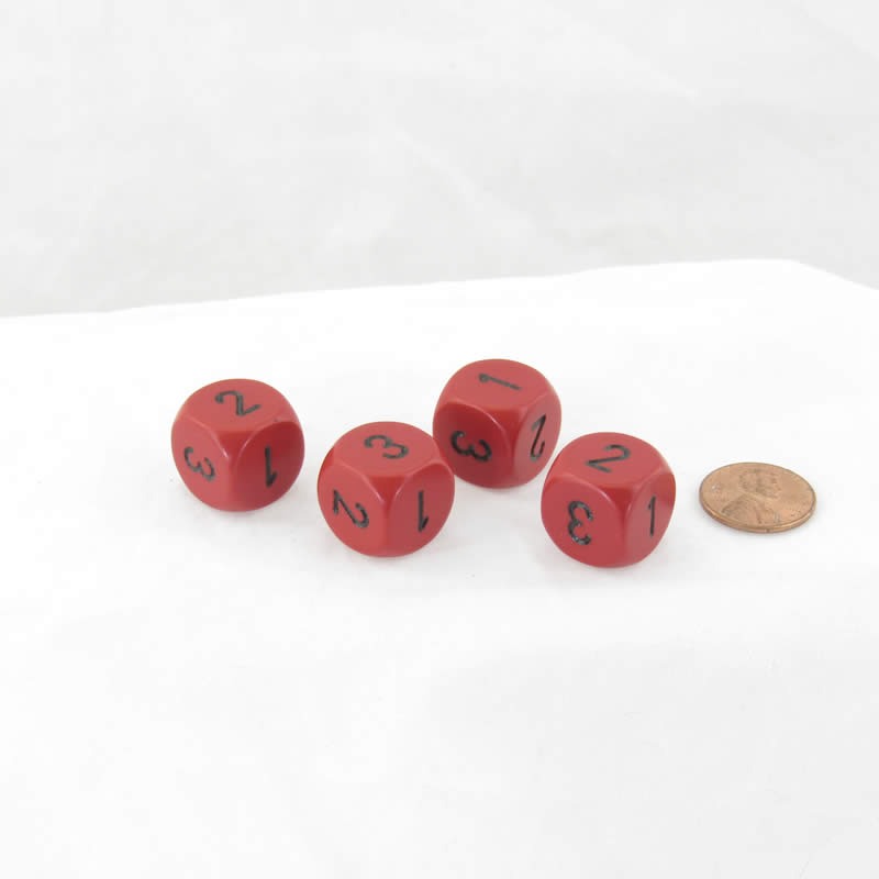 WCXXQ0314E4 Red Opaque Dice Black Numbers D3 (D6 1-3 Twice) 16mm Pack of 4 Main Image