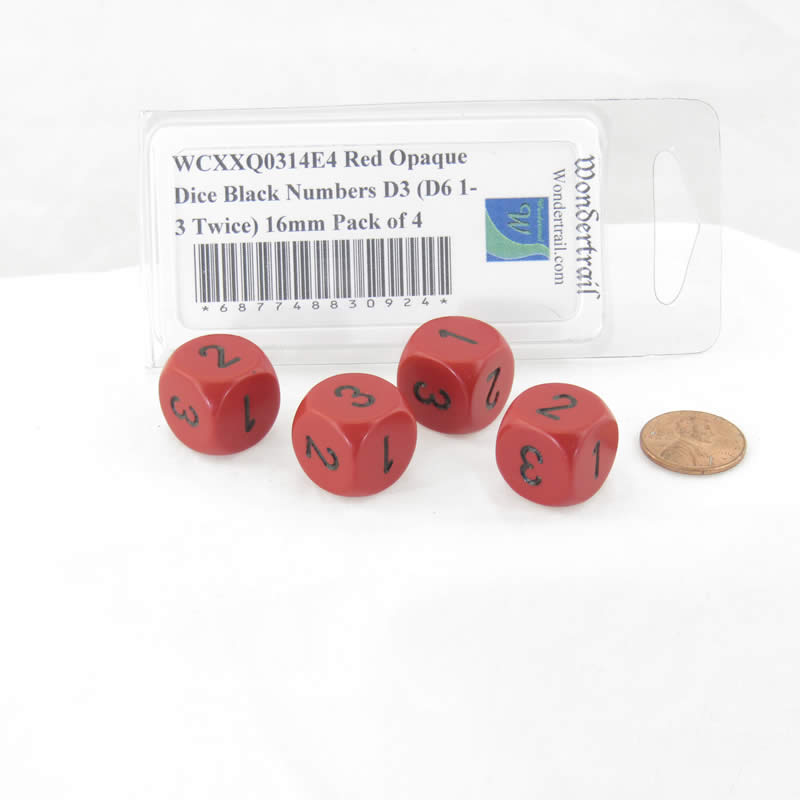 WCXXQ0314E4 Red Opaque Dice Black Numbers D3 (D6 1-3 Twice) 16mm Pack of 4 2nd Image