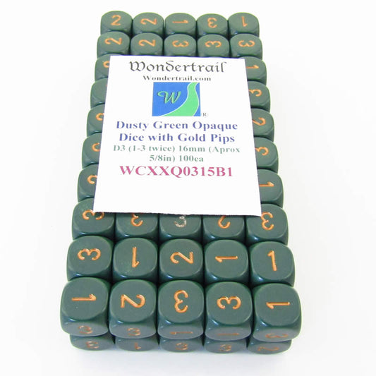 WCXXQ0315B1 Dusty Green Opaque Dice Gold Numbers D3 (D6 1-3 Twice) 16mm Pack of 100 Main Image