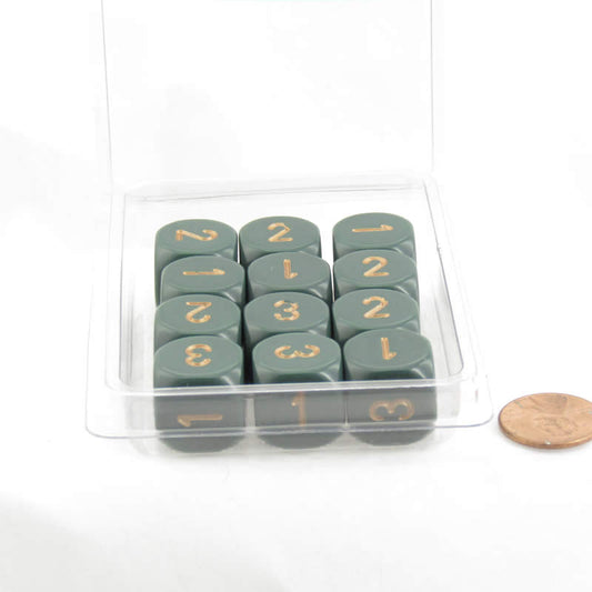 WCXXQ0315E12 Dusty Green Opaque Dice Gold Numbers D3 (D6 1-3 Twice) 16mm Pack of 12 Main Image