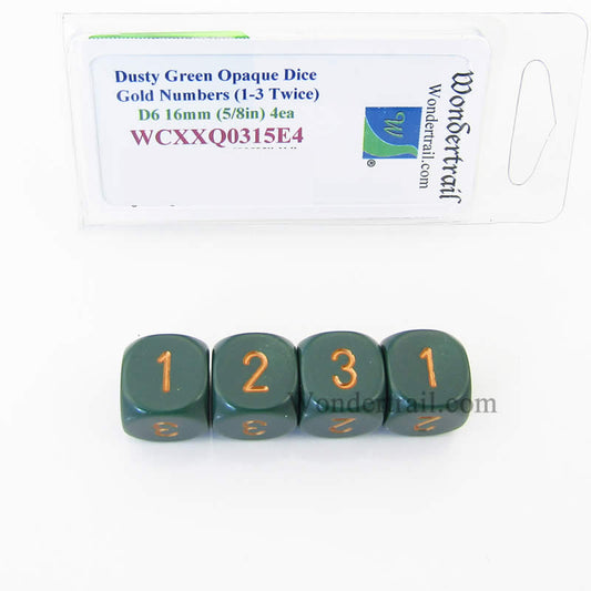 WCXXQ0315E4 Dusty Green Opaque Dice Gold Numbers D3 (D6 1-3 Twice) 16mm Pack of 4 Main Image