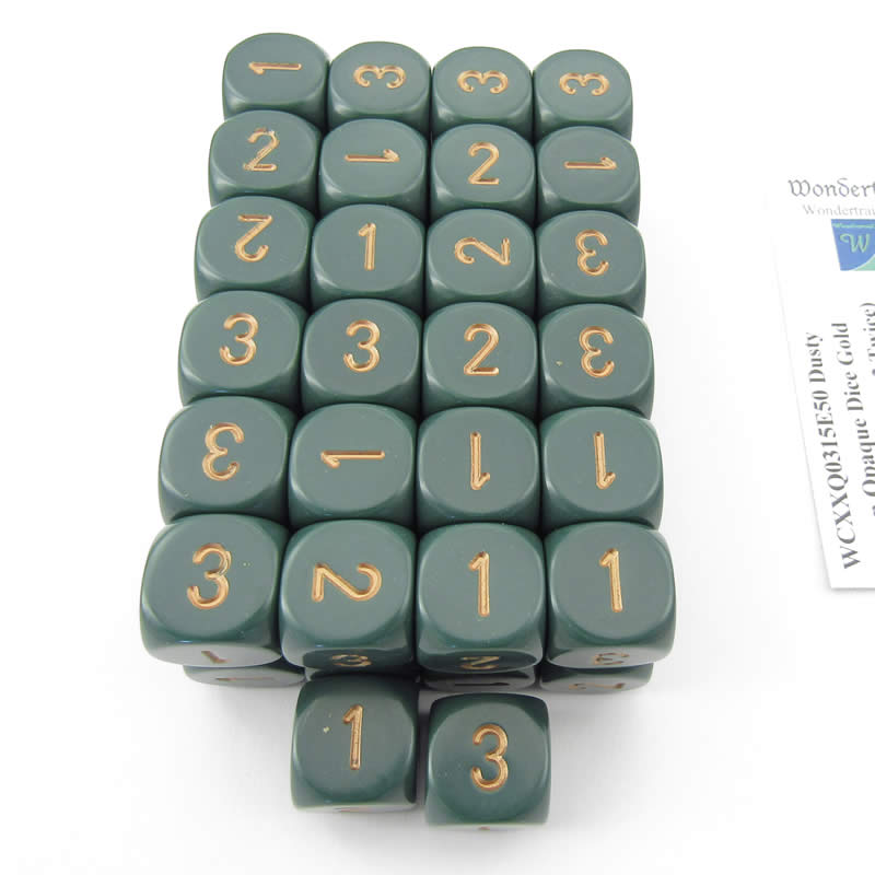 WCXXQ0315E50 Dusty Green Opaque Dice Gold Numbers D3 (d6 1-3 Twice) 16mm Pack Of 50 2nd Image