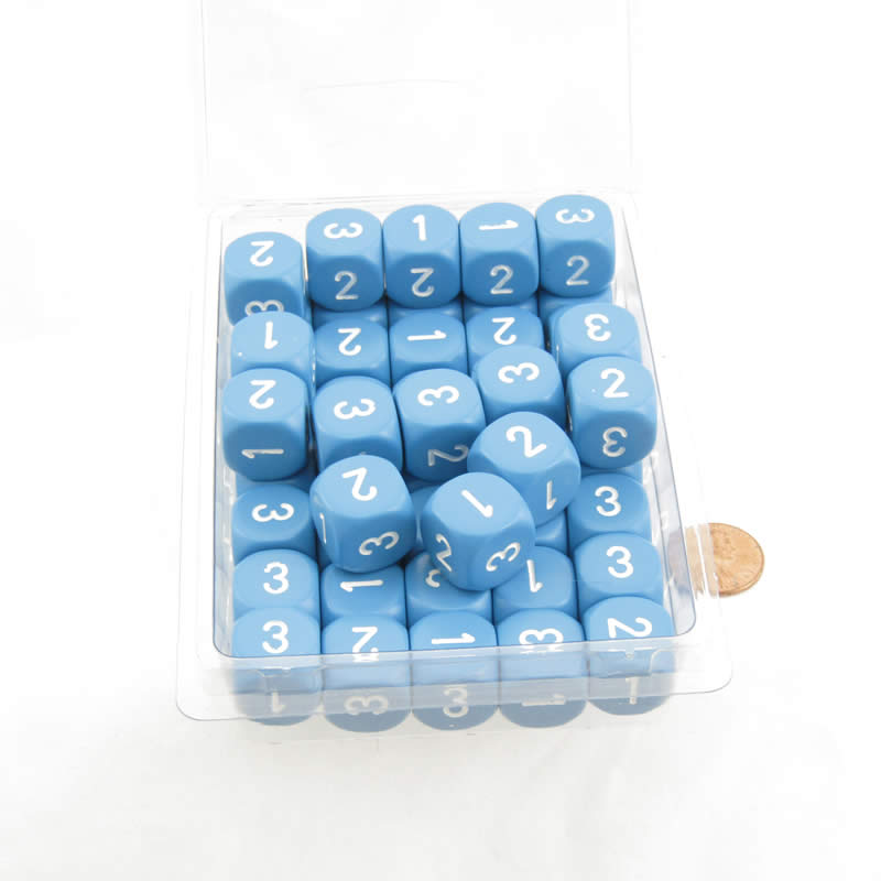 WCXXQ0316B1 Light Blue Opaque Dice White Numbers D3 (D6 1-3 Twice) 16mm Pack of 100 Main Image