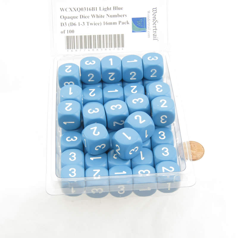 WCXXQ0316B1 Light Blue Opaque Dice White Numbers D3 (D6 1-3 Twice) 16mm Pack of 100 2nd Image