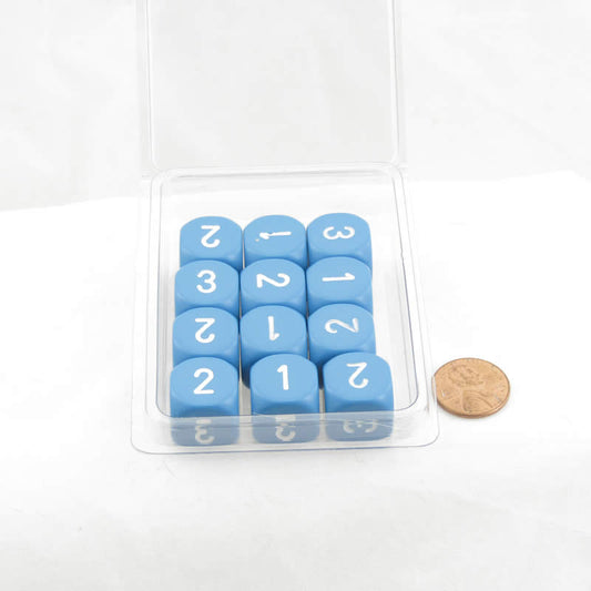 WCXXQ0316E12 Light Blue Opaque Dice White Numbers D3 (D6 1-3 Twice) 16mm Pack of 12 Main Image
