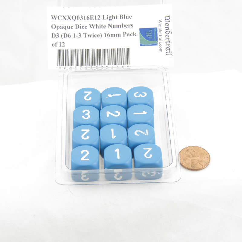 WCXXQ0316E12 Light Blue Opaque Dice White Numbers D3 (D6 1-3 Twice) 16mm Pack of 12 2nd Image