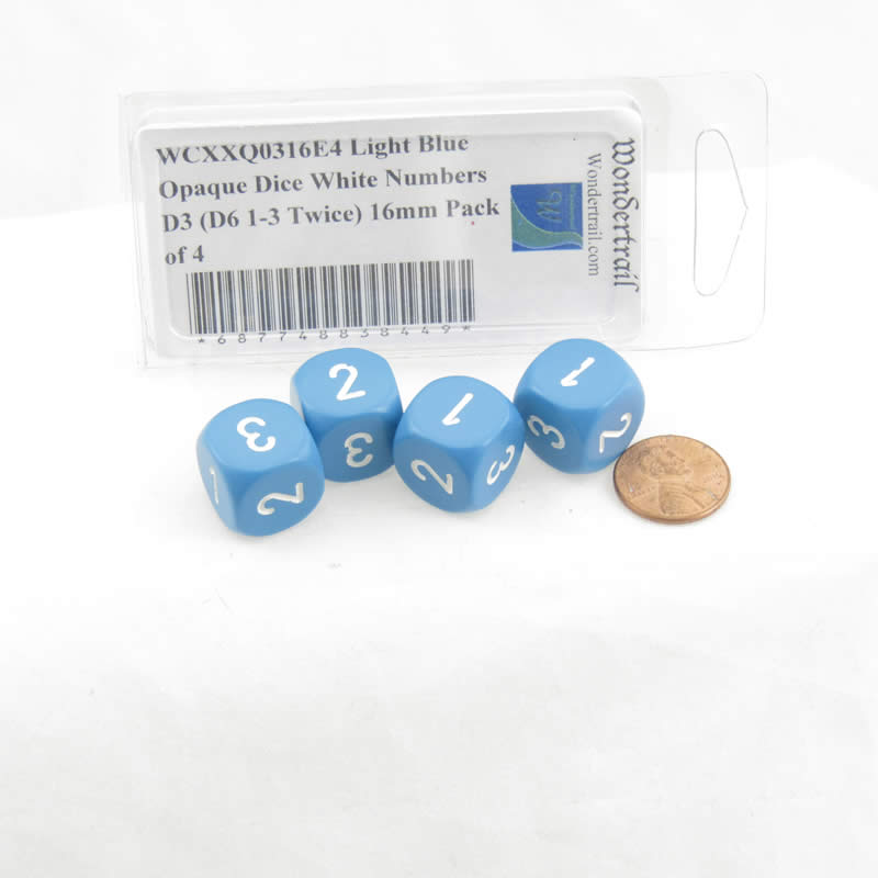 WCXXQ0316E4 Light Blue Opaque Dice White Numbers D3 (D6 1-3 Twice) 16mm Pack of 4 2nd Image