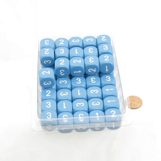 WCXXQ0316E50 Light Blue Opaque Dice White Numbers D3 (D6 1-3 Twice) 16mm (5/8in) Pack of 50 Main Image