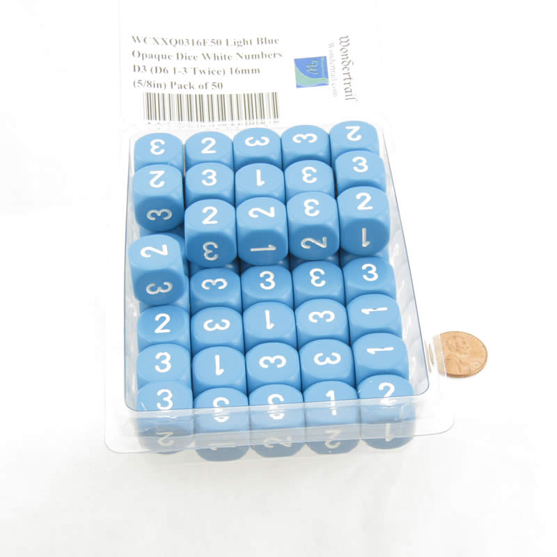 WCXXQ0316E50 Light Blue Opaque Dice White Numbers D3 (D6 1-3 Twice) 16mm (5/8in) Pack of 50 2nd Image