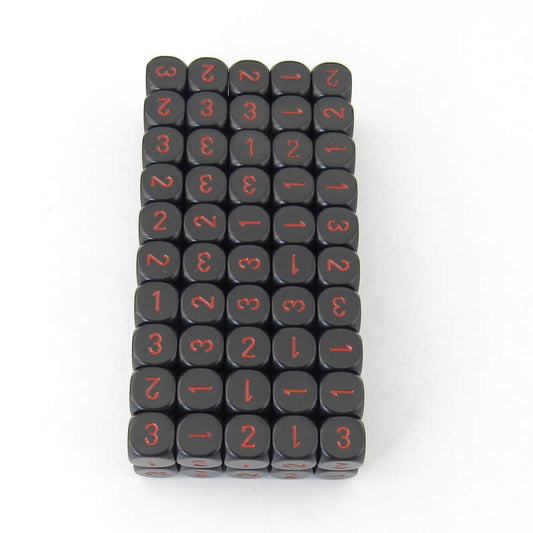 WCXXQ0318B1 Black Opaque Dice Red Numbers D3 (d6 1-3 Twice) 16mm Pack of 100 Main Image