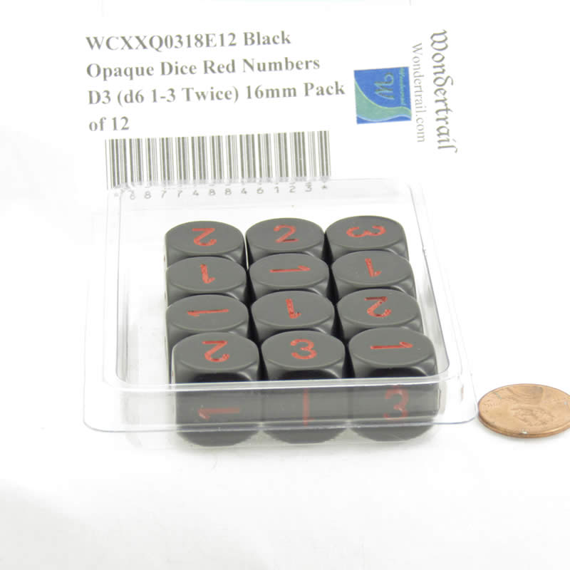 WCXXQ0318E12 Black Opaque Dice Red Numbers D3 (d6 1-3 Twice) 16mm Pack of 12 2nd Image