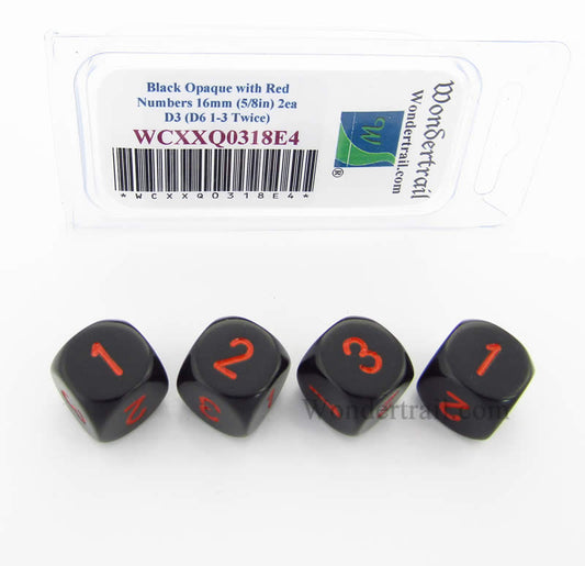 WCXXQ0318E4 Black Opaque Dice Red Numbers D3 (D6 1-3 Twice) 16mm Pack of 4 Main Image