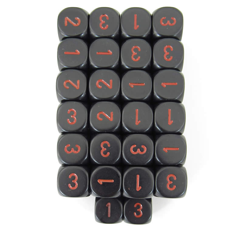 WCXXQ0318E50 Black Opaque Dice Red Numbers D3 (d6 1-3 Twice) 16mm Pack Of 50 Main Image