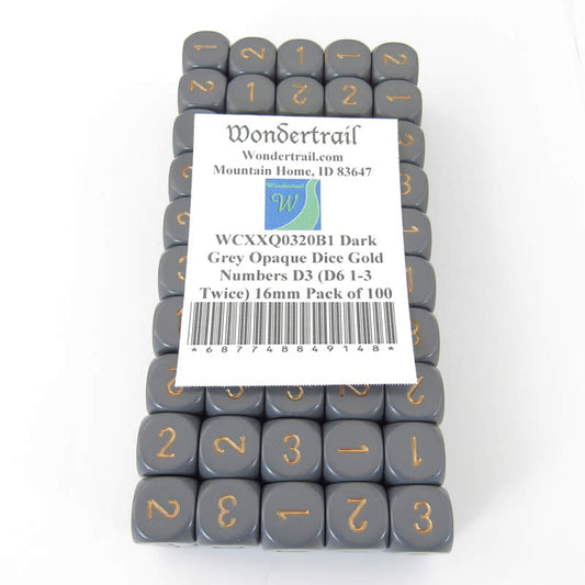 WCXXQ0320B1 Dark Grey Opaque Dice Gold Numbers D3 (D6 1-3 Twice) 16mm Pack of 100 Main Image