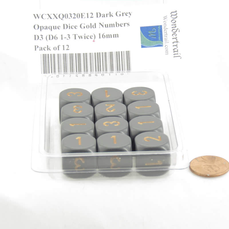 WCXXQ0320E12 Dark Grey Opaque Dice Gold Numbers D3 (D6 1-3 Twice) 16mm Pack of 12 2nd Image