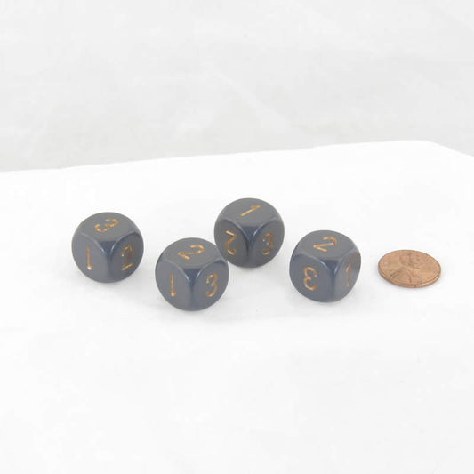 WCXXQ0320E4 Dark Grey Opaque Dice Gold Numbers D3 (D6 1-3 Twice) 16mm Pack of 4 Main Image