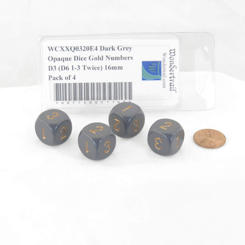 WCXXQ0320E4 Dark Grey Opaque Dice Gold Numbers D3 (D6 1-3 Twice) 16mm Pack of 4 2nd Image