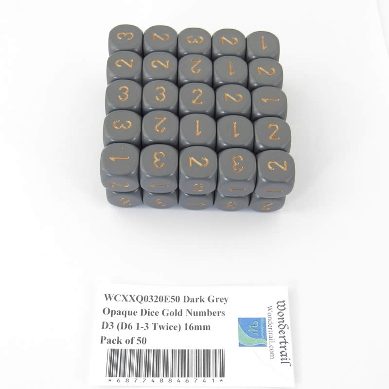 WCXXQ0320E50 Dark Grey Opaque Dice Gold Numbers D3 (D6 1-3 Twice) 16mm Pack of 50 Main Image