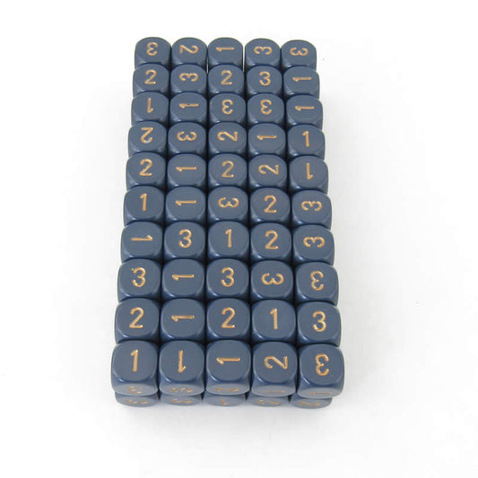 WCXXQ0326B1 Dusty Blue Dice Gold Numbers D3 (d6 1-3 Twice) 16mm Pack Of 100 Main Image