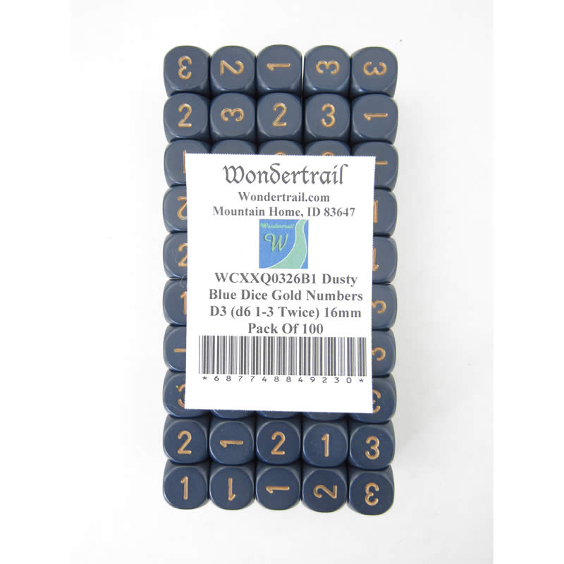 WCXXQ0326B1 Dusty Blue Dice Gold Numbers D3 (d6 1-3 Twice) 16mm Pack Of 100 2nd Image