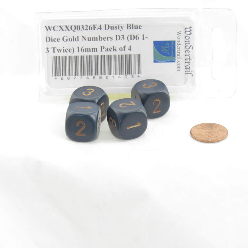 WCXXQ0326E4 Dusty Blue Dice Gold Numbers D3 (D6 1-3 Twice) 16mm Pack of 4 2nd Image