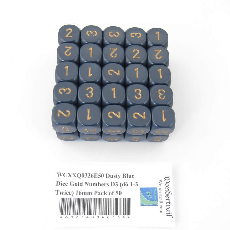 WCXXQ0326E50 Dusty Blue Dice Gold Numbers D3 (d6 1-3 Twice) 16mm Pack of 50 Main Image
