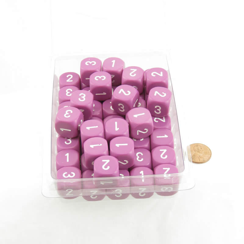 WCXXQ0327B1 Light Purple Opaque Dice White Numbers D3 (d6 1-3 Twice) 16mm (5/8in) Pack Of 100 Main Image