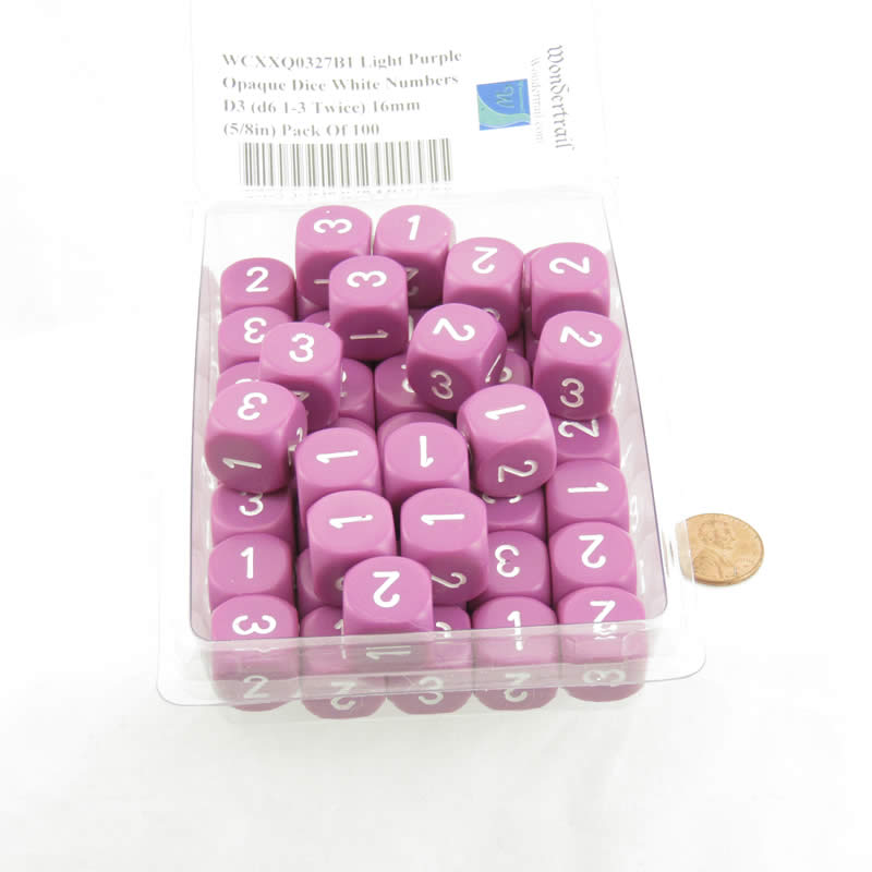 WCXXQ0327B1 Light Purple Opaque Dice White Numbers D3 (d6 1-3 Twice) 16mm (5/8in) Pack Of 100 2nd Image