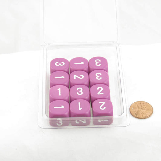 WCXXQ0327E12 Light Purple Opaque Dice White Numbers D3 (d6 1-3 Twice) 16mm (5/8in) Pack Of 12 Main Image