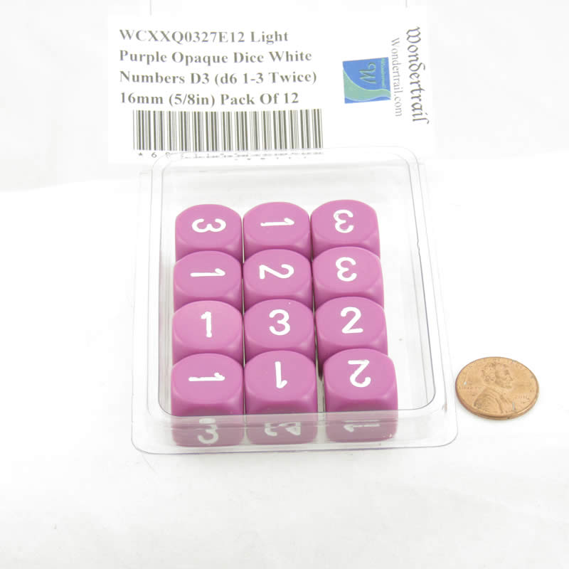 WCXXQ0327E12 Light Purple Opaque Dice White Numbers D3 (d6 1-3 Twice) 16mm (5/8in) Pack Of 12 2nd Image