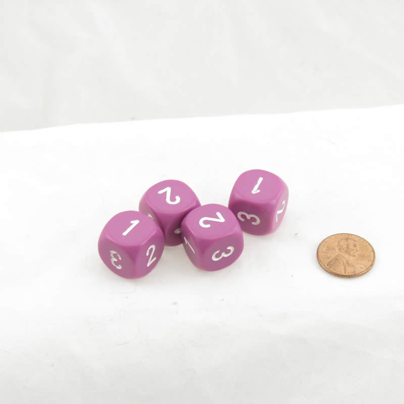 WCXXQ0327E4 Light Purple Opaque Dice with White Numbers D3 (d6 1-3 Twice) 16mm (5/8in) Pack Of 4 Main Image