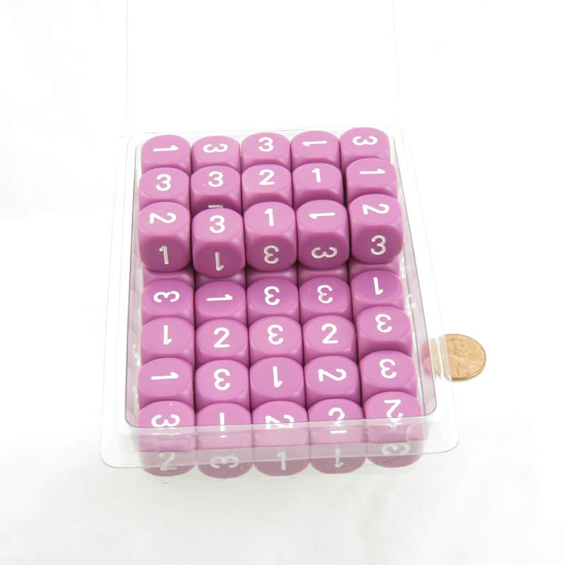 WCXXQ0327E50 Light Purple Opaque Dice White Numbers D3 (d6 1-3 Twice) 16mm (5/8in) Pack Of 50 Main Image