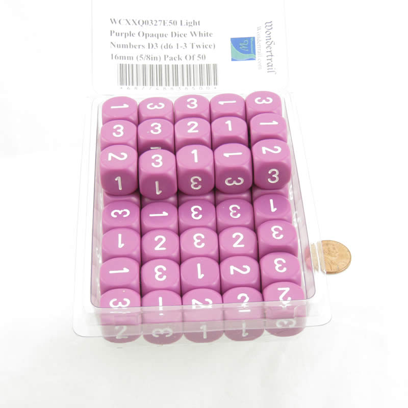 WCXXQ0327E50 Light Purple Opaque Dice White Numbers D3 (d6 1-3 Twice) 16mm (5/8in) Pack Of 50 2nd Image