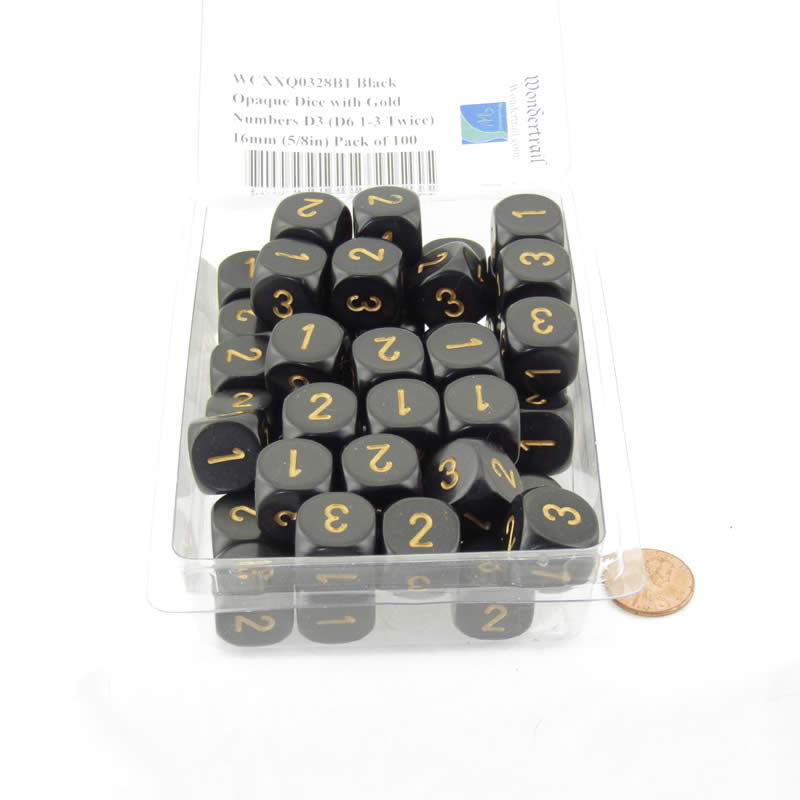 WCXXQ0328B1 Black Opaque Dice with Gold Numbers D3 (D6 1-3 Twice) 16mm (5/8in) Pack of 100 Main Image