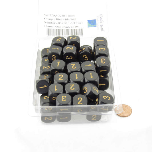 WCXXQ0328B1 Black Opaque Dice with Gold Numbers D3 (D6 1-3 Twice) 16mm (5/8in) Pack of 100 Main Image